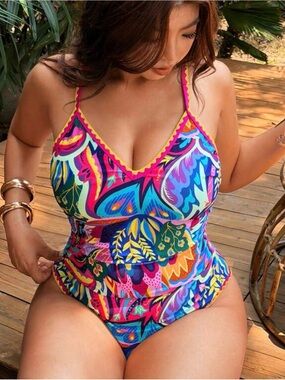 SHEIN Multicolor Floral-Print One-Piece Swimsuit with Bright Accents